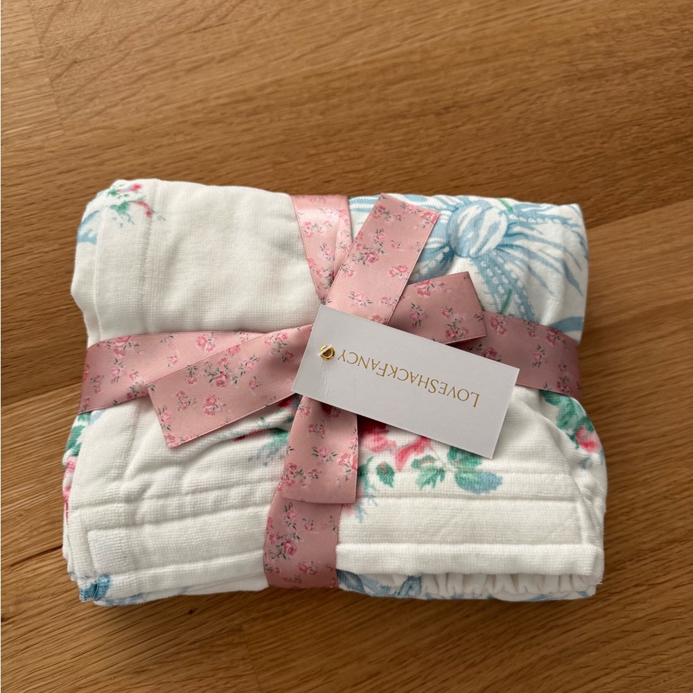 LoveShackFancy White and Blue Floral bow towel bath wrap